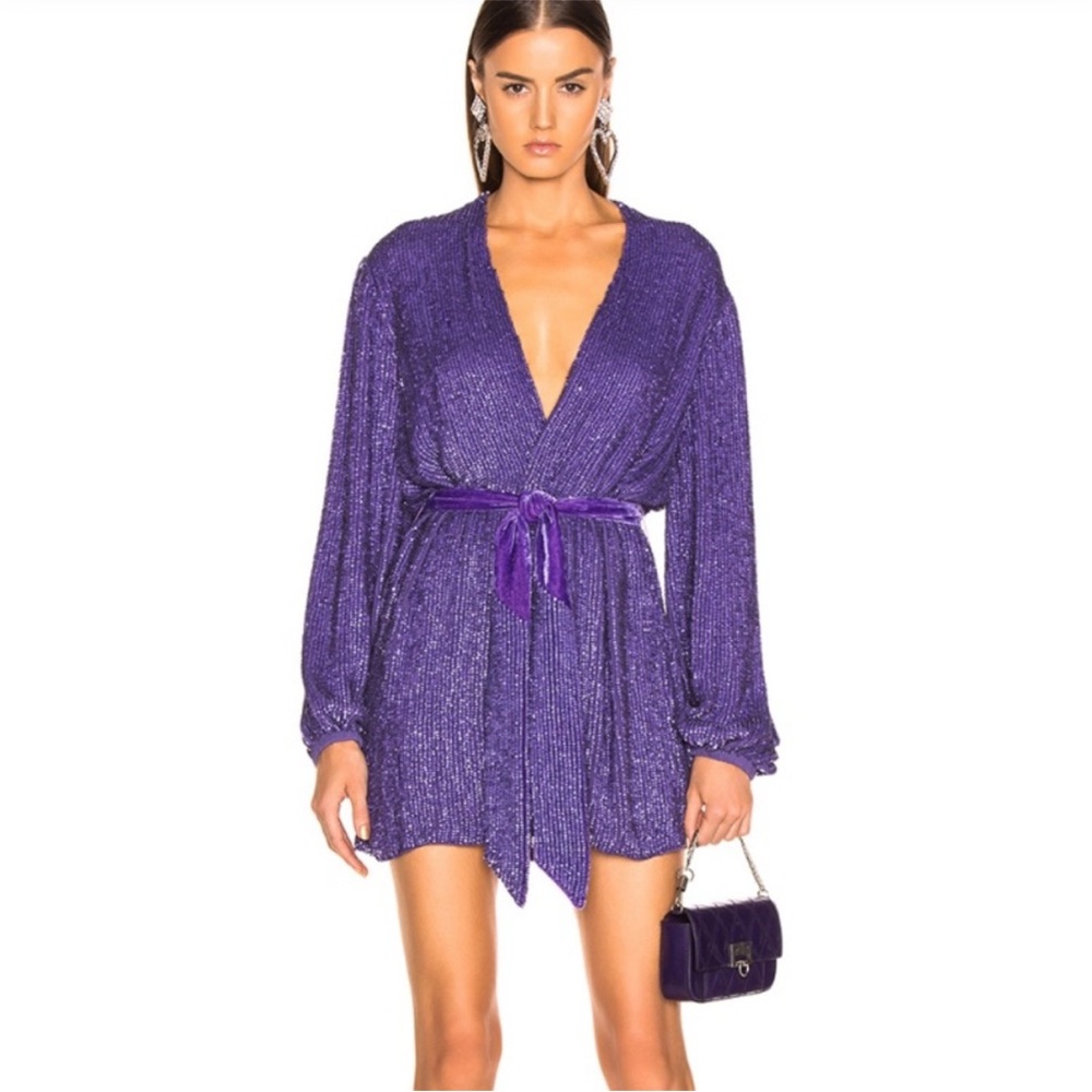 Retrofete Gabrielle Sequin Metal Purple Wrap Robe Mini‎ Dress Sz S